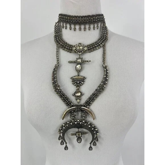 Free People Multilayered Antiqued Silver & Rhinestone Necklace - Picture 4 of 16